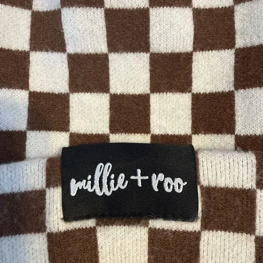 Millie and Roo Kids brown and white check Beanie Hat Toddler Size Winter Cap
